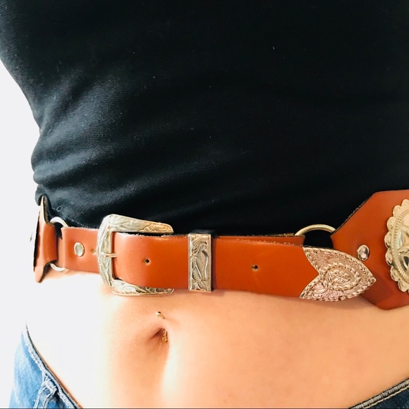 VINTAGE SOUTH WESTERN LEATHER HIGH WAIST BELT SILV - Picture 5 of 7